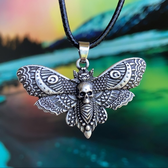 Moth with moon and skull design pewter necklace on leather cord boho goth - Picture 7 of 15